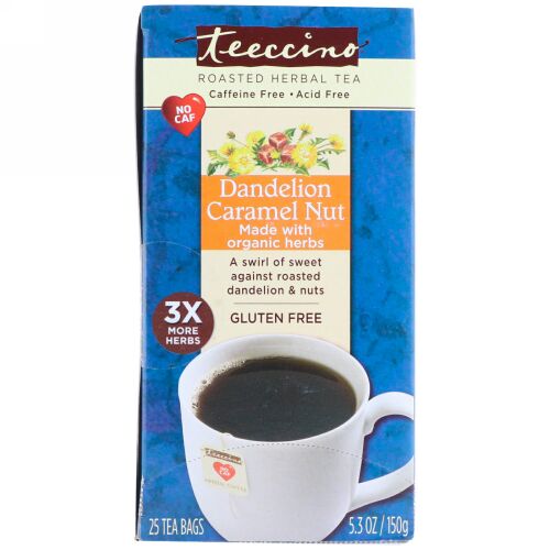 Teeccino, 焙煎ハーブティー、タンポポ、キャラメル、ナッツ、カフェインフリー、ティーバッグ25袋、5.3 oz (150 g)
