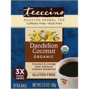 Teeccino, Roasted Herbal Tea, Dandelion Coconut Organic, Caffeine Free, 10 Tea Bags, 2.12 oz (60 g) (Discontinued Item)