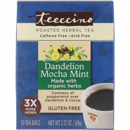 Teeccino, Roasted Herbal Tea, Dandelion Mocha Mint, Caffeine Free, 10 Tea Bags, 2.12 oz (60 g) (Discontinued Item)