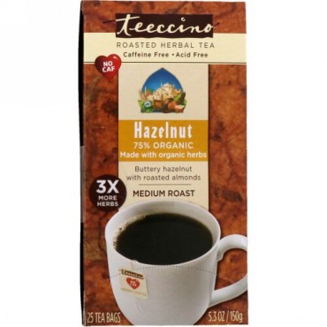 Teeccino, ローストハーブティー、ミディアムロースト、ヘーゼルナッツ、カフェインフリー、25袋、5.3 oz (150 g)