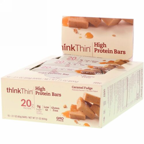 ThinkThin, High Protein Bars, Caramel Fudge, 10 Bars, 2.1 oz (60g) Each (Discontinued Item)