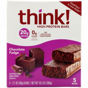 ThinkThin, 高タンパク プロテインバー、チョコレートファッジ、5本、各60g（2.1oz）