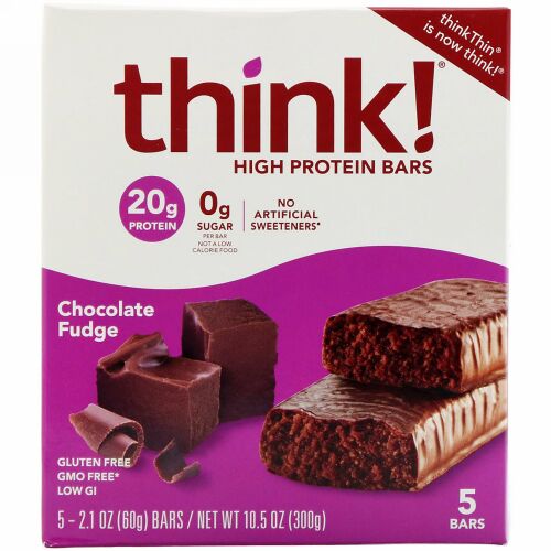 ThinkThin, 高タンパク プロテインバー、チョコレートファッジ、5本、各60g（2.1oz）