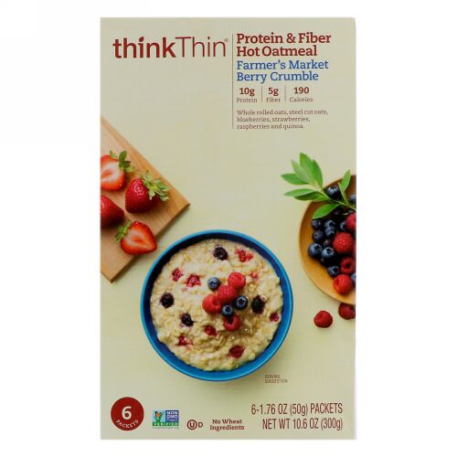 ThinkThin, タンパク質・繊維ホットオートミール、ファーマーズマーケット・ベリークランブル、6袋、各1.76 oz (50g ) (Discontinued Item)