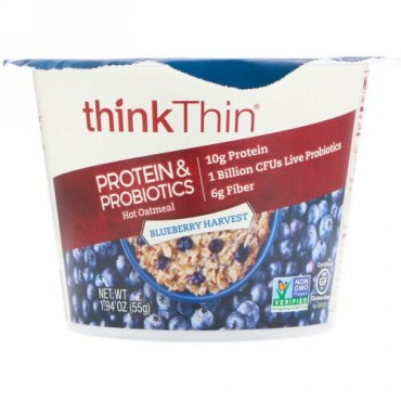 ThinkThin, プロテイン&プロバイオティクス入りホットオートミール、ブルーベリーハーベスト、55g（1.94 oz） (Discontinued Item)
