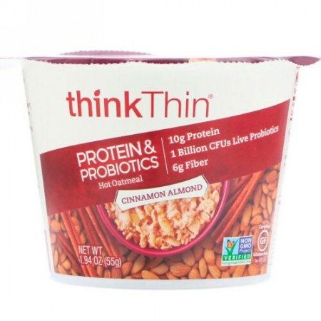ThinkThin, プロテイン&プロバイオティクス入りホットオートミール、シナモンアーモンド、55g（1.94 oz） (Discontinued Item)