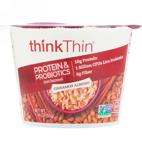 ThinkThin, プロテイン&プロバイオティクス入りホットオートミール、シナモンアーモンド、55g（1.94 oz） (Discontinued Item)