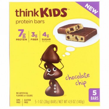 ThinkThin, シンクキッズ、プロテインバー、チョコレートチップ、 5本入り、各1 oz (28 g)