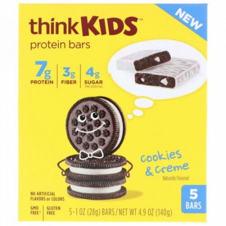 ThinkThin, シンクキッズ、プロテインバー、クッキー & クリーム、5本入り、各1 oz (28 g)