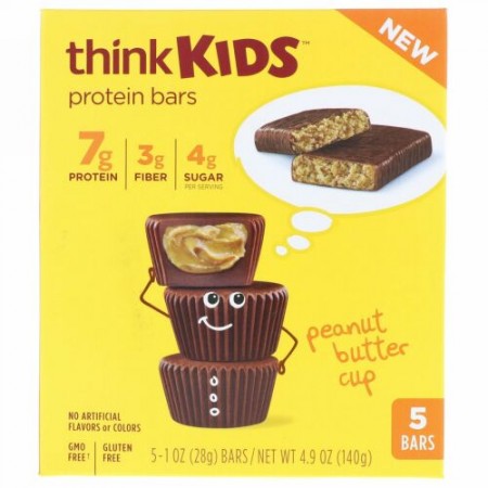 ThinkThin, シンクキッズ、プロテインバー、ピーナッツバター・カップ、5本入り、各1 oz (28 g )