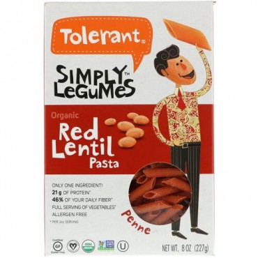 Tolerant, オーガニック赤レンズ豆パスタ、ペンネ、8 oz (227 g) (Discontinued Item)