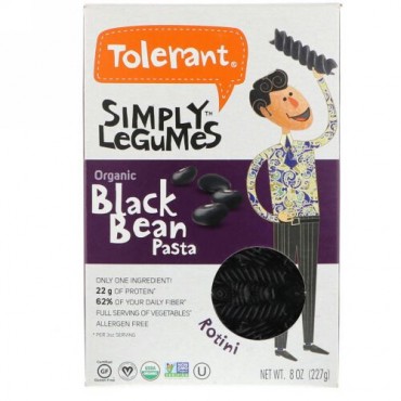 Tolerant, Simply Legumes, Organic Black Bean Pasta, Rotini, 8 oz (227 g) (Discontinued Item)