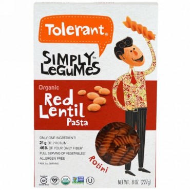 Tolerant, シンプリーレギューム、オーガニックレッドレンティル・パスタ 、ロティーニ、8 oz (227 g) (Discontinued Item)