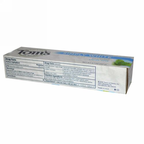 Tom's of Maine, シンプリーホワイト® フッ素入り歯磨き粉, クリーンミント, 4.7 オンス (133 g)