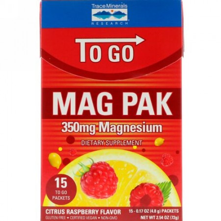 Trace Minerals Research, マグパックゴー、マグネシウムパウダー、シトラスラズベリー味、350 mg、15袋、各0.17 oz (4.8 g) (Discontinued Item)