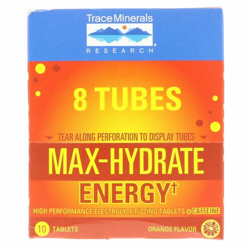 Trace Minerals Research, Max-Hydrate Energy, Effervescent Tablets + Caffeine, Orange Flavor, 8 Tubes, 10 Tablets Each