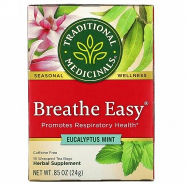 Traditional Medicinals, Breathe Easy（ブリーズイージー）、ユーカリミント、カフェインフリー、個包装ティーバッグ16袋、24g（0.85オンス）