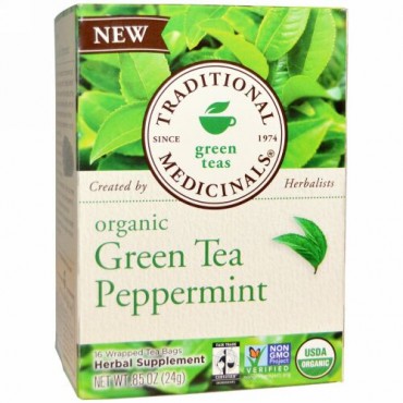 Traditional Medicinals, オーガニック グリーンティー ペパーミント、個包装ティーバッグ16個、0.85 oz (24 g) (Discontinued Item)