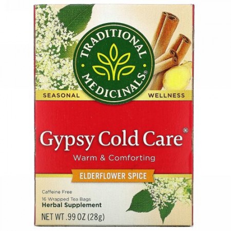 Traditional Medicinals, Gypsy Cold Care（ジプシーコールドケア）、エルダーフラワースパイス、カフェインフリー、個包装ティーバッグ16袋、28g（0.99オンス）