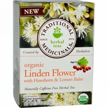 Traditional Medicinals, オーガニック リンデンフラワーハーブティー、 カフェインフリー、 16ティーバッグ、 1.02オンス (28.8 g) (Discontinued Item)