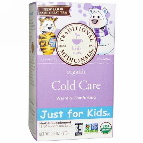 Traditional Medicinals, ジャスト・フォー・キッズ, オーガニック, コールドケア, ハーブティー, カフェインフリー, ティーバッグ 18 袋, .96 オンス (27 g) (Discontinued Item)