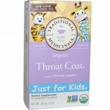 Traditional Medicinals, Just for Kids、Organic Throat Coat、天然カフェインフリー・ハーブティー、包装ティーバッグ18 個、 .96 oz (27 g) (Discontinued Item)