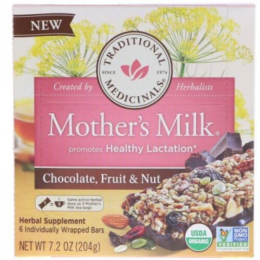 Traditional Medicinals, マザーズミルク、チョコレート、フルーツ、ナッツ、個別包装されたバー6本、7.2 oz (204 g)