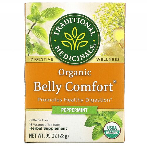 Traditional Medicinals, オーガニックBelly Comfort（ベリーコンフォート）、ペパーミント、カフェインフリー、個包装ティーバッグ16袋、28g（0.99オンス）
