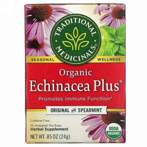 Traditional Medicinals, オーガニックEchinacea Plus（エキナセアプラス）、オリジナル、スペアミント入り、カフェインフリー、個包装ティーバッグ16袋、24g（0.85オンス）