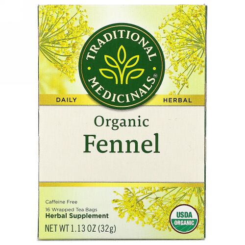 Traditional Medicinals, オーガニックフェンネル、カフェインフリー、個包装ティーバッグ16袋、32g（1.13オンス）
