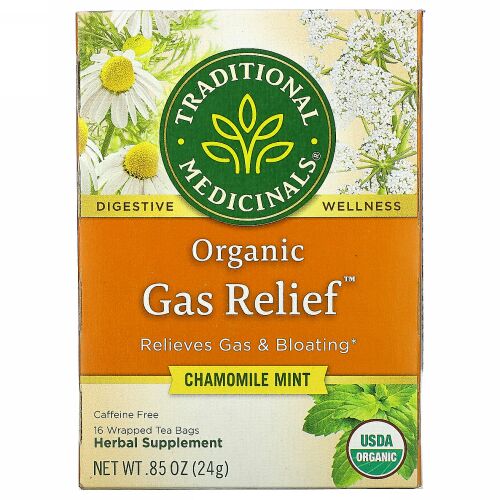 Traditional Medicinals, オーガニックGas Relief（ガスリリーフ）、カフェインフリー、カモミールミント、個包装ティーバッグ16袋、24g（0.85オンス）