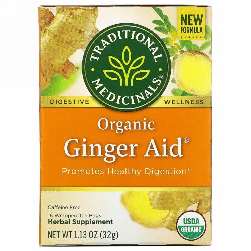 Traditional Medicinals, オーガニックGinger Aid（ジンジャーエイド）、カフェインフリー、個包装ティーバッグ16袋、32g（1.13オンス）