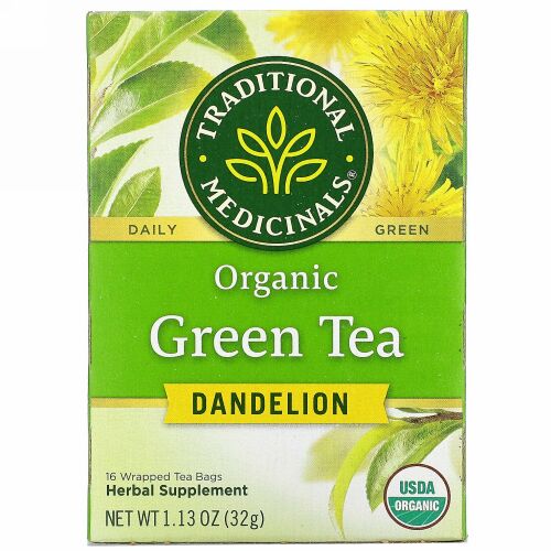 Traditional Medicinals, オーガニック緑茶、タンポポ、個包装ティーバッグ16袋、32g（1.13オンス）