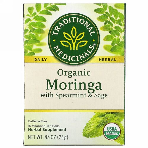 Traditional Medicinals, スペアミント＆セージ入りオーガニックモリンガ、カフェインフリー、個包装ティーバッグ16袋、24g（0.85オンス）