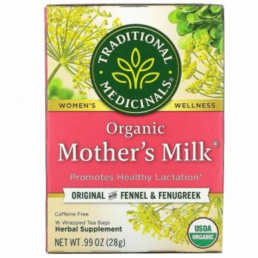 Traditional Medicinals, オーガニックMother's Milk（マザーズミルク）、フェンネル＆フェヌグリーク入りオリジナル、カフェインフリー、個包装ティーバッグ16袋、28g（0.99オンス）