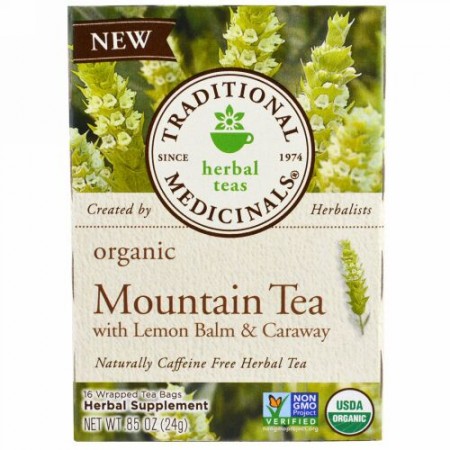 Traditional Medicinals, レモンバームとキャラウェー入りオーガニックマウンテンティー、16ティーバッグ、85オンス (24 g) (Discontinued Item)