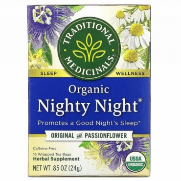 Traditional Medicinals, オーガニックNighty Night（ナイティーナイト）、パッションフラワー入りオリジナル、カフェインフリー、個包装ティーバッグ16袋、24g（0.85オンス）