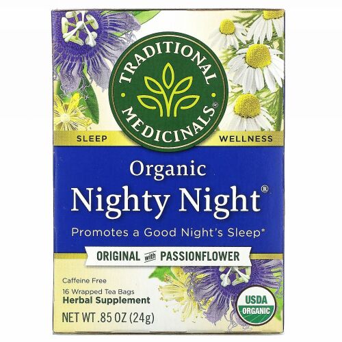 Traditional Medicinals, オーガニックNighty Night（ナイティーナイト）、パッションフラワー入りオリジナル、カフェインフリー、個包装ティーバッグ16袋、24g（0.85オンス）