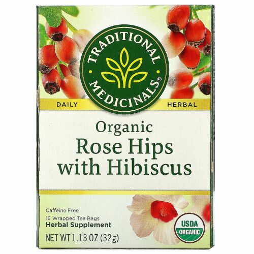 Traditional Medicinals, ハイビスカス入りオーガニックローズヒップ、カフェインフリー、個包装ティーバッグ16袋、32g（1.13オンス）