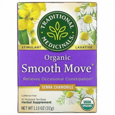 Traditional Medicinals, オーガニックSmooth Move（スムーズムーブ）、センナカモミール、カフェインフリー、個包装ティーバッグ16袋、32g（1.13オンス）