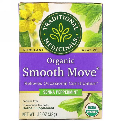 Traditional Medicinals, オーガニックSmooth Move（スムーズムーブ）、センナペパーミント、カフェインフリー、個包装ティーバッグ16袋、32g（1.13オンス）
