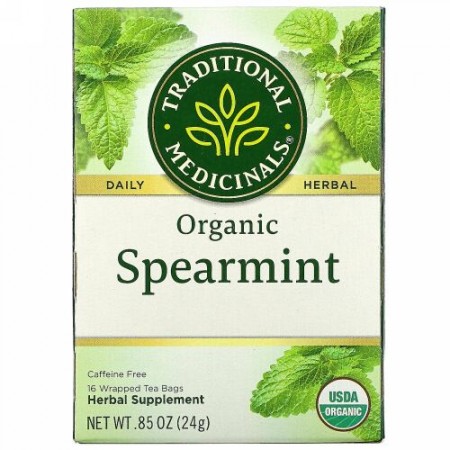Traditional Medicinals, オーガニックスペアミント、カフェインフリー、個包装ティーバッグ16袋、24g（0.85オンス）