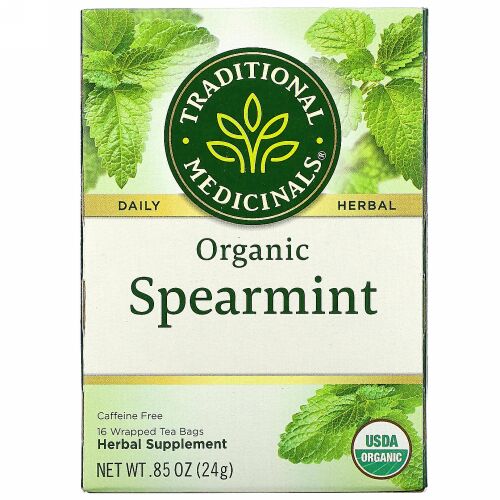 Traditional Medicinals, オーガニックスペアミント、カフェインフリー、個包装ティーバッグ16袋、24g（0.85オンス）