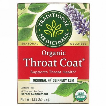 Traditional Medicinals, オーガニックThroat Coat（スロートコート）、アカニレ入りオリジナル、カフェインフリー、個包装ティーバッグ16袋、32g（1.13オンス）