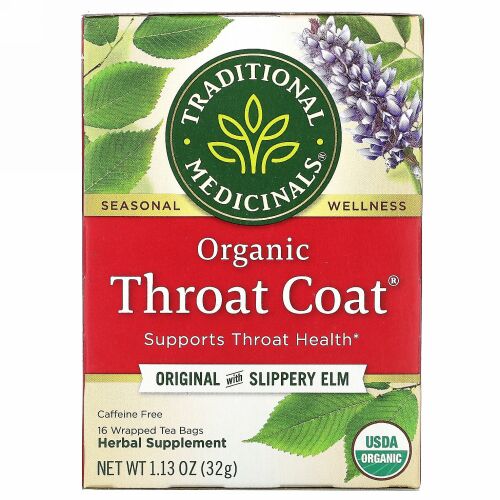 Traditional Medicinals, オーガニックThroat Coat（スロートコート）、アカニレ入りオリジナル、カフェインフリー、個包装ティーバッグ16袋、32g（1.13オンス）
