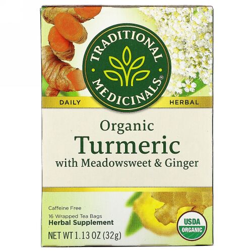Traditional Medicinals, セイヨウナツユキソウ＆ショウガ入りオーガニックウコン、カフェインフリー、個包装ティーバッグ16袋、32g（1.13オンス）