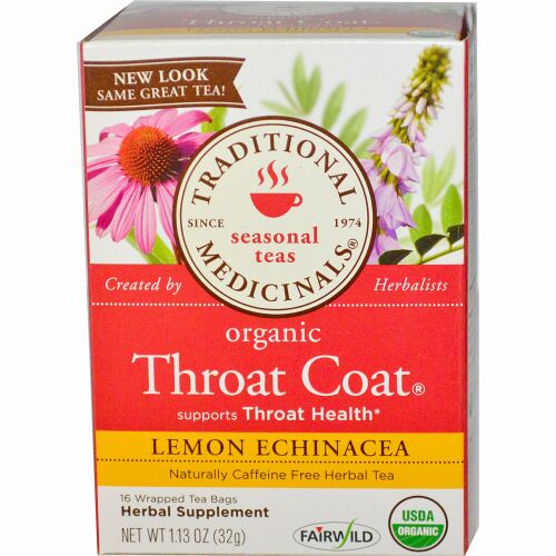 Traditional Medicinals, 季節の紅茶, オーガニックな喉のコーティング, カフェインフリー, レモンエキナセア, 16ラップティーバッグ, 1.13オンス (32 g) (Discontinued Item)
