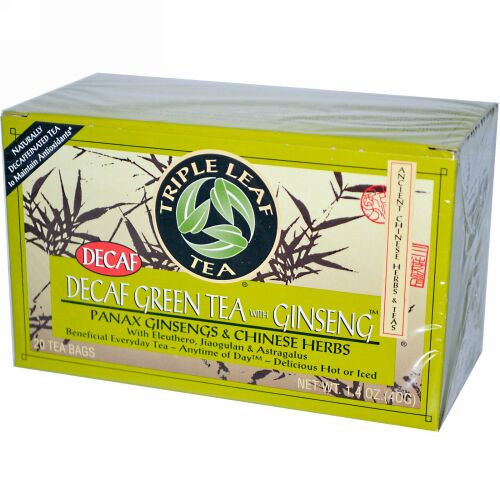 Triple Leaf Tea, ジンセン入りカフェインレスグリーンティー、20ティーバッグ 1.4 oz (40 g) Each (Discontinued Item)