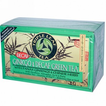 Triple Leaf Tea, ギンコ（イチョウ） & カフェインレス グリーンティー、20ティーバッグ、1.4 oz (40 g) (Discontinued Item)