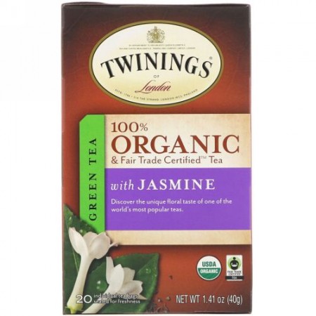 Twinings, 100% オーガニック ジャスミン入り緑茶, 20 ティーバッグ, 1.41 オンス (40 g) (Discontinued Item)